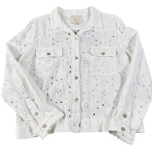 Johnny Was Jade Sandrine Eyelet Jacket Women L White Linen Embroidered Boho